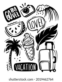 Hand Drawn Vacation Doodle. Vector set of tourism, journey, summer time to travel print