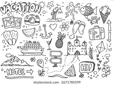 Handgezeichnete Urlaubsdoodles auf weißem Hintergrund