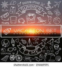 Hand Drawn Vacation Icons Set On A Blurred Sunset Background. Vector Illustration.