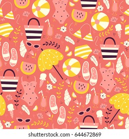 Hand Drawn Vacation Seamless Pattern. Beach Pattern with Flip-flop