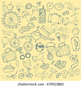 Hand drawn vacation, travel elements . Set for decoration. Cartoon. Simple stylized forms. Black and white.