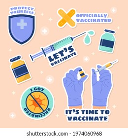 Hand drawn vaccinated theme icon stickers set collection. Officially vaccinated, Let's vaccinate, Protect yourself, I got vaccinate, It's time to vaccinate