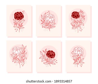 Hand drawn valentine card collection with rose and peony flower elements	