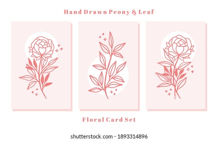 Hand drawn valentine card collection with rose and peony flower elements	