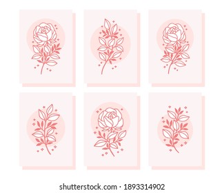 Hand drawn valentine card collection with rose and peony flower elements	