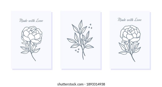 Hand drawn valentine card collection with rose and peony flower elements	