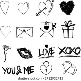 Hand drawn Valentine day vector collection. Rough marker sketch hearts, love letter, gift, and lips set for romantic design. Isolated on white background.