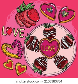 Hand drawn valentine desserts vector art illustration with chocolate strawberries and love cookies. Template design for colouring page, greeting card, menu icon, bakery, pattern, celebration