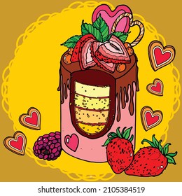 Hand drawn valentine desserts vector art illustration with chocolate strawberries layer cake. Template design for colouring page, greeting card, menu icon, bakery, pattern, celebration
