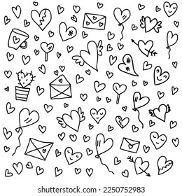 Hand drawn valentine elements collection for stickers, tee, postcards. Retro style abstract design. Doodle vector illustration.


