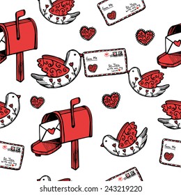 hand drawn valentine flying birds with love letter and mailbox seamless pattern on white background