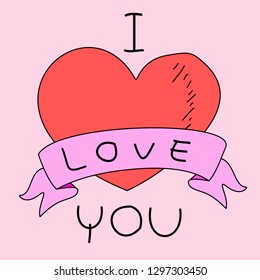 Hand drawn valentine heart with ribbon tag  ,love concept.
