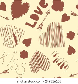 Hand Drawn Valentine Hearts Seamless Pattern With Arrows, Kiss and Love