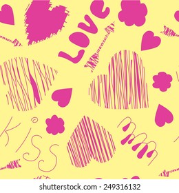 Hand Drawn Valentine Hearts Seamless Pattern With Arrows, Kiss and Love
