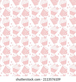 Hand drawn valentine love seamless pattern of cupcake and cup. Doodle scandinavian heart elements. Illustration for textile, background, wallpaper design.