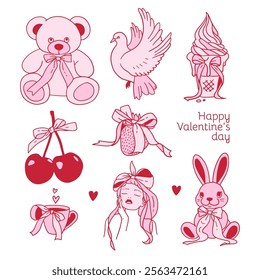 Hand drawn Valentine s day coquette clipart set. Cute elements with satin bows and pink ribbons. Contour vector illustration.