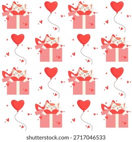 Dibujado a mano patrón sin fisuras de San Valentín con lindos gatos de dibujos animados que salen de cajas de regalo, corazones rojos, globos Diseño festivo de Vector romántico para envolver papel, tarjeta, textiles, embalaje, decoración de vacaciones