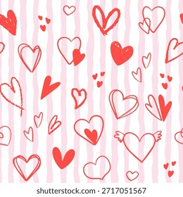 Desenhado à mão Valentine padrão sem costura com corações esboçados em fundo listrado rosa macio. Ilustração romântica do vetor do desenho animado para o amor temático papel de embrulho, cartões, têxteis Decoração festiva de férias