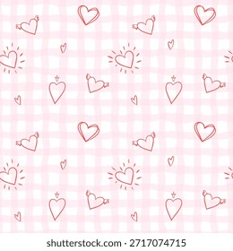 Desenhado à mão Valentine padrão sem costura com corações de desenhos animados bonitos no fundo quadriculado rosa suave. Ilustração festiva romântica para papel de embrulho, têxteis, embalagem. Vetor amor decoração de férias