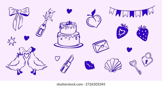 Dibujado a mano conjunto de San Valentín con Elementos románticos que incluyen corazones, pastel, pájaros del amor, arco, lápiz labial, sobre y símbolos decorativos. Linda Ilustración vectorial.