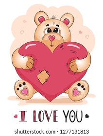 Hand drawn Valentine teddy bear with heart in paws. vector illustration