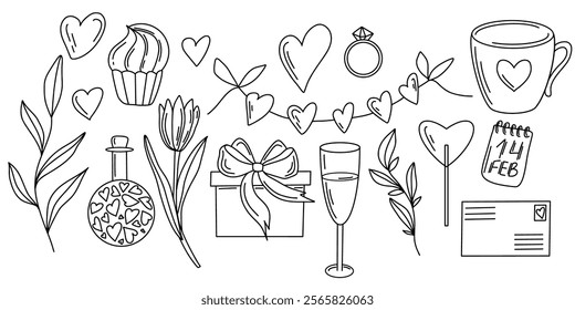 Hand drawn Valentine vector with hearts, bows, leaves, gifts, and a cupcake in black and white doodle style. Ideal for cards, invitations, scrapbooking, DIY crafts, and digital art projects