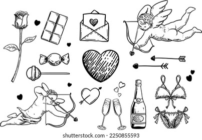 Valentin dibujado a mano, corazón ilustrado vectorial, flor, rosas, cupido, chocolate, dulce, flecha, champán, vino espumoso, carta, letras, lencería. Bien por el día de San Valentín.