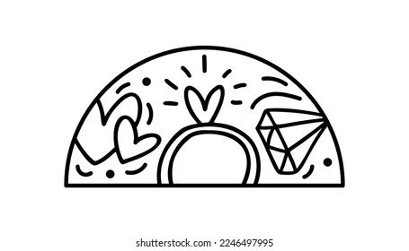 Hand drawn valentine vector ring and jewerly with heart constructor in half round frame. Romantic love illustration logo for greeting card, web design holiday.