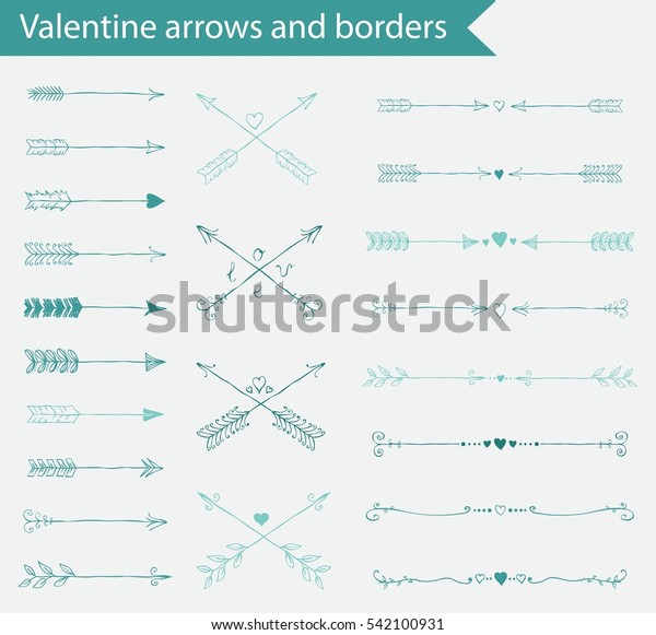 Hand drawn valentine vintage arrows and\
dividers, vector\
illustration