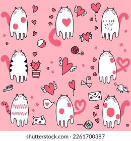 Hand drawn Valentine's  cat collection in simple doodle style. Perfect for tee, stickers, poster. Vector illustration for decor and design.



