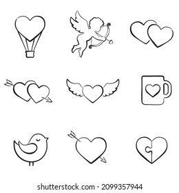 hand drawn valentines collection. love, romantic and heart symbols. sketchy outline vector element for valentine's day design