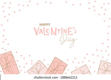 Hand Drawn Valentines Day Background. Gift boxes, hearts, Happy Valentines Days lettering. Hand drawn design for banner, flyer, card, poster. February holiday design. Perfect for holiday greetings