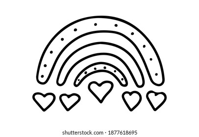 Hand drawn Valentines day boho rainbow with a heart in doodle style isolated on white background. Vector outline illustration. Design for greeting card, banner, web, sticker, coloring pages