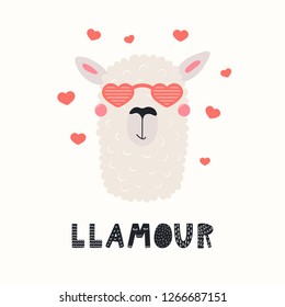 Hand drawn Valentines day card with cute funny llama in heart shaped glasses, text Llamour. Vector illustration. Scandinavian style flat design. Concept for celebration, invite, children print.