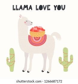 Hand drawn Valentines day card with cute funny llama carrying basket, cacti, text Llama love you. Vector illustration. Scandinavian style flat design. Concept for celebration, invite, children print.