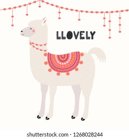 Hand drawn Valentines day card with cute funny llama, heart decorations, text Llovely. Vector illustration. Scandinavian style flat design. Concept for celebration, invite, children print.