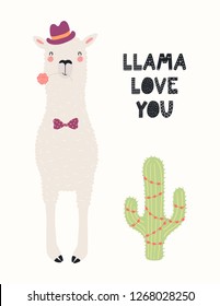 Hand drawn Valentines day card with cute funny llama in hat, bow tie, cactus, text Llama love you. Vector illustration. Scandinavian style flat design. Concept for celebration, invite, children print.