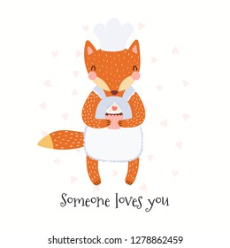 Hand drawn Valentines day card with cute funny fox holding cupcake, text. Isolated objects on white background. Vector illustration. Scandinavian style flat design. Concept for children print.