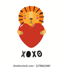 Hand drawn Valentines day card with cute funny lion holding heart, text XOXO. Isolated objects on white background. Vector illustration. Scandinavian style flat design. Concept for children print.