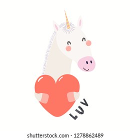 Hand drawn Valentines day card with cute funny unicorn holding heart, text Luv. Isolated objects on white background. Vector illustration. Scandinavian style flat design. Concept for children print.