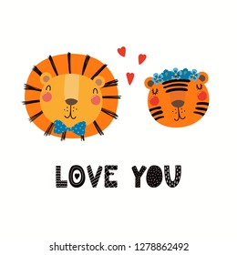 Hand drawn Valentines day card with cute funny lion, tiger, hearts, text Love you. Isolated objects on white background. Vector illustration. Scandinavian style flat design. Concept for children print