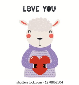 Hand drawn Valentines day card with cute funny sheep holding heart, text Love you. Isolated objects on white background. Vector illustration. Scandinavian style flat design. Concept for children print