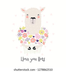 Hand drawn Valentines day card with cute funny llama holding flowers, text Llove you llots. Isolated objects on white . Vector illustration. Scandinavian style flat design. Concept for children print.