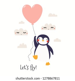 Hand drawn Valentines day card with cute funny penguin flying on a balloon, text Lets fly. Isolated objects on white background. Vector illustration. Scandinavian style flat design. Concept kids print