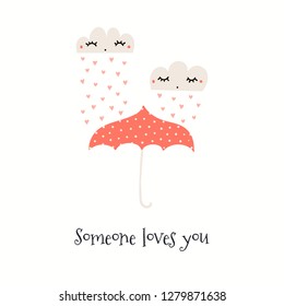 Hand drawn Valentines day card with cute clouds, hearts, umbrella, text Someone loves you. Isolated objects on white. Vector illustration. Scandinavian style flat design. Concept for kids print.