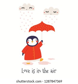 Hand drawn Valentines day card with cute penguin with umbrella, hearts, text Love is in the air. Isolated objects on white. Vector illustration. Scandinavian style flat design. Concept for kids print.