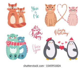 Hand drawn Valentines day card with cute funny penguin cat bear fox Isolated objects on white background. Vector illustration. Scandinavian style flat design. Concept children print