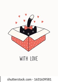 Hand drawn Valentines day card, banner with cute cat in a box, hearts, text With love. Vector illustration. Line drawing. Isolated objects on white. Design concept for holiday print, invite, gift tag.