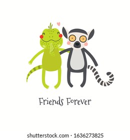 Hand drawn Valentines day card with cute iguana, lemur hugging, quote Friends forever. Vector illustration. Isolated on white background. Scandinavian style flat design. Concept for kids print, invite