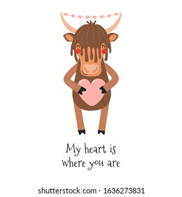 Hand drawn Valentines day card with cute yak, with quote My heart is where you are. Vector illustration. Isolated on white background. Scandinavian style flat design. Concept for kids print, invite.